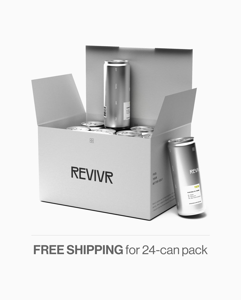 REVIVR electrolyte drink 330ml aluminium can — clean hydration, stevia sweetened
